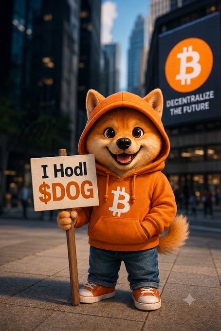 AI-generated image of a Shiba Inu dog wearing an orange Bitcoin hoodie, holding a sign reading 'I Hodl $DOG', standing on a city street with a Bitcoin billboard in the background.