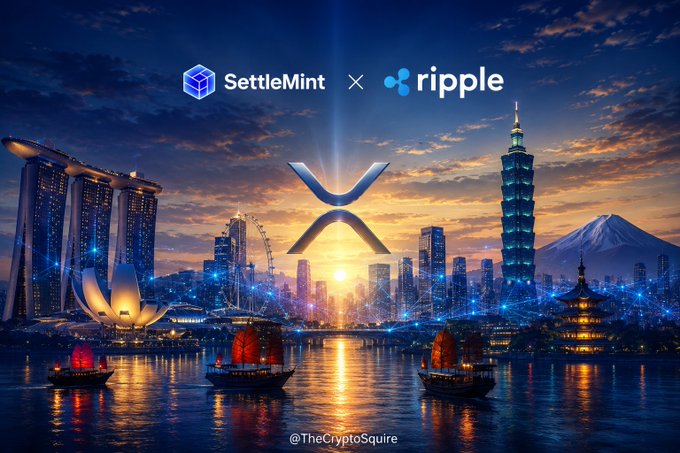 SettleMint and Ripple logos appear above a stylized cityscape featuring iconic Asian landmarks (Marina Bay Sands, Singapore Flyer, Taipei 101, Mount Fuji) and traditional Chinese junks, visually symbolizing the Ripple-SettleMint partnership's expansion of institutional-grade digital asset custody and tokenization infrastructure across the Asia Pacific region.