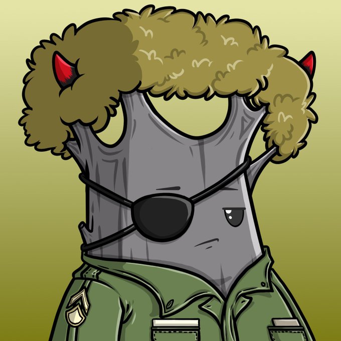 Cartoon illustration of a character with an upside-down face, fluffy curly hair with small red devil horns, an eye patch, and a military-style green uniform.