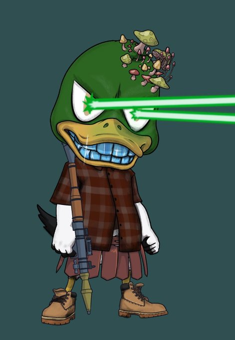 A cartoon duck character with a green head adorned with mushrooms, a plaid shirt, and a rifle shoots bright green laser beams from its eyes, matching the "JBBJ Duck with laser eyes and mushroom head" described in the post.