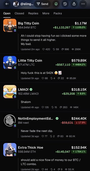 A screenshot of @sling…’s “Send” feed showing token posts including Big Titty Coin ($1.17M, +1105.0%), Little Titty Coin ($579.89K, +4484.2%), LMAO! ($318.15K), NotInEmploymentEd… ($244.40K), and Extra Thick Hoe ($152.94K). The accompanying caption says, “Horniest @Pumpfun user award goes to @slingoorio,” linking the suggestive token names and post wording to the user.