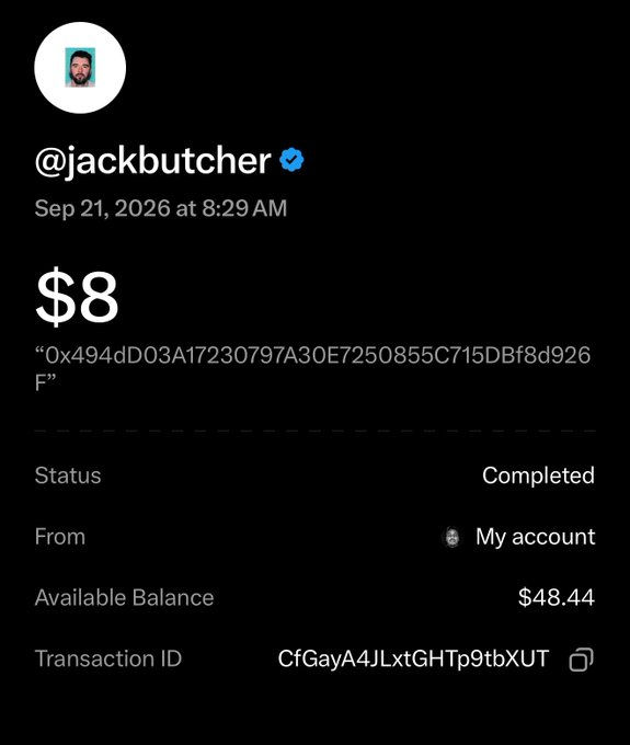The image shows a screenshot of a tweet from @jackbutcher dated Sep 21, 2026, displaying an $8 completed transaction with a particularly memorable Transaction ID: "CfGayA4JLxtGHTp9tbXUT." This relates to the post highlighting the amusing word "Gay" appearing within the crypto transaction identifier, prompting his playful question about earning a "rainbow trait."