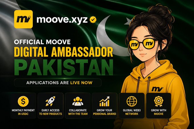 The image promotes Moove.xyz's Official Digital Ambassador program for Pakistan, featuring an anime-style character in a yellow Moove hoodie against the Pakistani flag, with key benefits listed: Monthly Payment in USDC, Early Access to New Products, Collaboration with the Team, Grow Your Personal Brand, Global Web3 Network, and Grow with Moove. The "Applications Are Live Now" call-to-action aligns with the post's announcement about the ambassador opportunity for Pakistan's Web3 community.