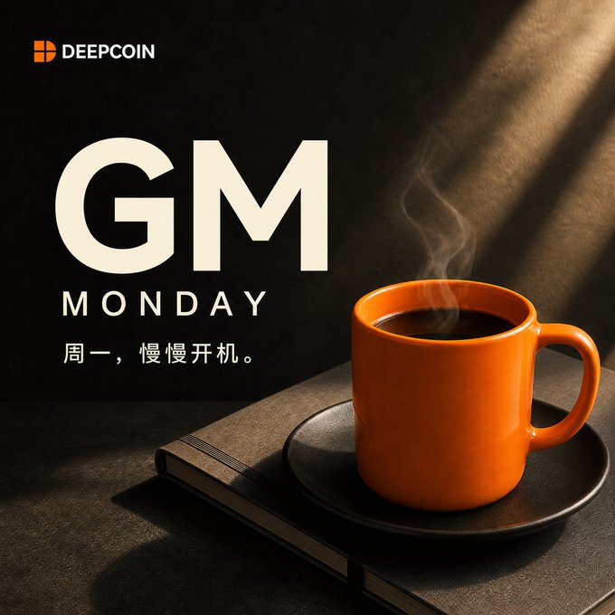 A promotional graphic for DeepCoin featuring a steaming orange coffee mug on a saucer with the text 'GM MONDAY' and Chinese characters '周一，慢慢开机。' against a dark background.