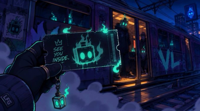 An illustrated cyberpunk-style scene showing a gloved hand holding a glowing ticket that reads 'SEE YOU INSIDE' with a robot head and flames, alongside a lantern, in front of a graffiti-covered train at a station at night.