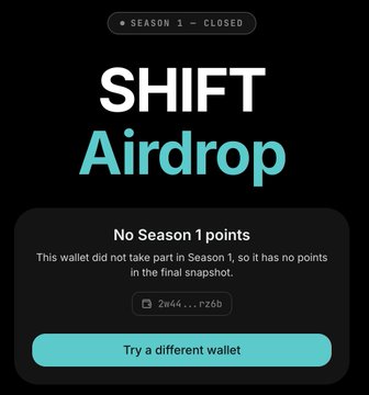 The image displays the "Shift Airdrop" interface showing "Season 1 — Closed" with a message stating "No Season 1 points" and that the wallet "2w44…rz6b" did not participate in Season 1, alongside a "Try a different wallet" button. This visual corresponds to the post's announcement of ShiftRWA's Airdrop Checker tool, illustrating the result a user sees when checking a wallet with no SHIFT points eligibility.