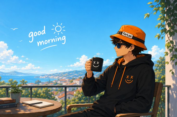 Anime-style illustration of a boy wearing an orange "ForLax" bucket hat and black hoodie with "XX" smiley face, drinking from a matching mug on a balcony overlooking the sea with "good morning" text written in the sky.