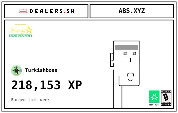 A digital badge or profile card for "Dealers.sh" and "ABS.XYZ" showing user "Turkishboss" with "218,153 XP" earned this week, featuring an "Energy DEGEN PREVENTER" label and a minimalist face illustration.