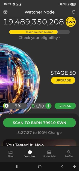 The image shows a phone screen displaying a mobile app called Watchcher Node, which appears to be related to cryptocurrency or blockchain technology. The app has several features such as checking your eligibility for a token launch event, enabling you to scan your wallet, and providing information about the current stage of the token launch.