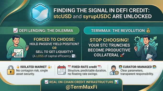 A TermMaxFi promotional graphic titled 'FINDING THE SIGNAL IN DEFI CREDIT' announcing that stcUSD and syrupUSDC are unlocked, highlighting features like isolated markets, fixed-rate credit, and curator-managed responsibility.
