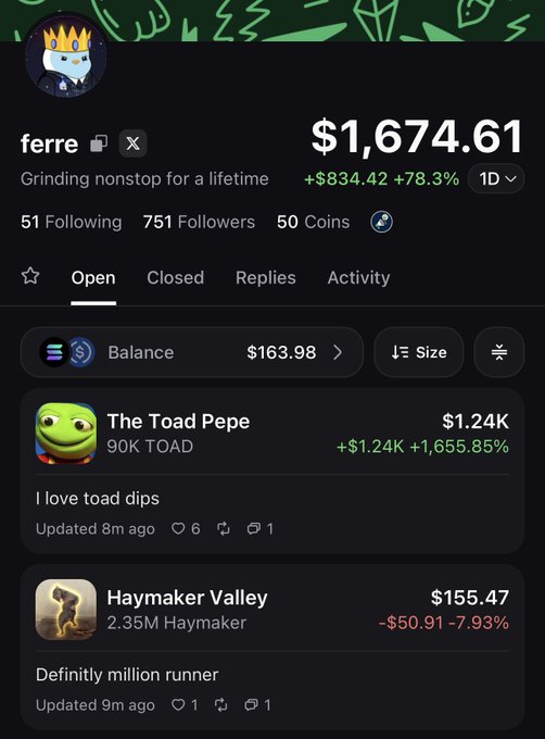 A screenshot of the Pumpfun user profile "ferre" displaying a $1,674.61 portfolio (+$834.42, +78.3%) with holdings including The Toad Pepe ($1.24K, +1,655.85%) and Haymaker Valley ($155.47, -7.93%), illustrating the trader's progress toward their 5 SOL to 50 SOL daily goal mentioned in the post.