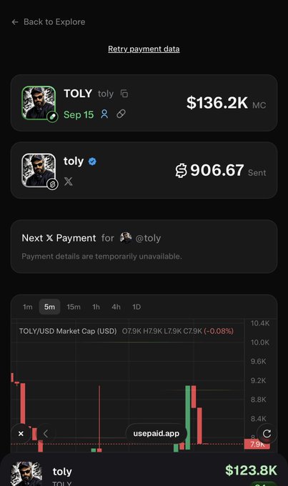 A screenshot of a payment data page on usepaid.app showing the token TOLY with a market cap of $136.2K MC and a sent payment of $906.67.
