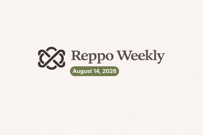 A minimalist title graphic for "Reppo Weekly" dated August 14, 2026, featuring a black infinity-style knot logo and a green date pill, set against a cream background. The branding reinforces the post's theme of recurring, continuous reward cycles within the Reppo ecosystem.