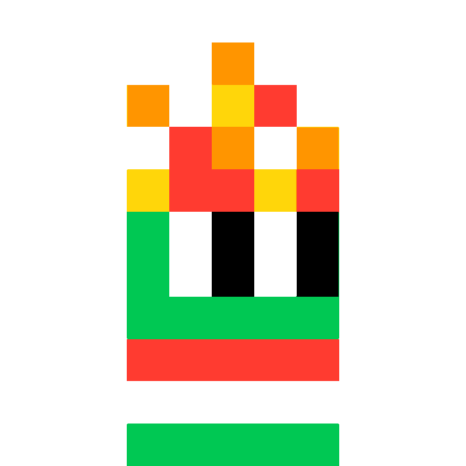 A simple pixel art image made of colored blocks, possibly representing a character or object, set against a white background.