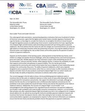 A formal letter on letterhead dated September 14, 2020, from the Honorable John Thune and Honorable Debbie Stabenow to BPI, CBA, and other financial and banking associations regarding the exclusion of cannabis from life insurance underwriting.