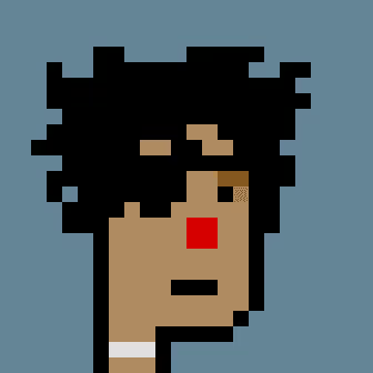 A pixel art image of a simplified character with a black head and orange body against a blue background.