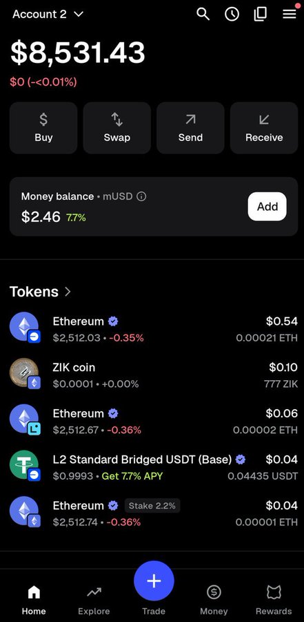 A cryptocurrency wallet screenshot showing 'Account 2' with a balance of $8,531.43, listing tokens including Ethereum, ZIK coin, and L2 Standard Bridged USDT (Base) with their respective USD values.