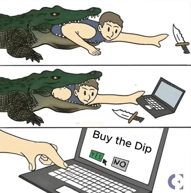 The image shows a cartoon depiction of a man trying to buy something by using a laptop computer, with a crocodile or alligator attempting to eat him. The scene is humorous as the man tries to use his laptop while being threatened by the animal. The caption at the bottom of the image reads "Nothing can stop me from buying the dip".