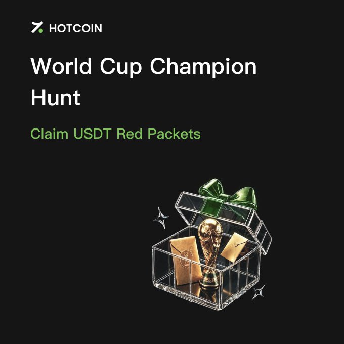 A Hotcoin promotional image featuring a glass box with a gold World Cup trophy, golden envelope, and green ribbon, advertising the "World Cup Champion Hunt" to "Claim USDT Red Packets" — tied to a schedule of password drops for users to find and claim rewards during World Cup events.