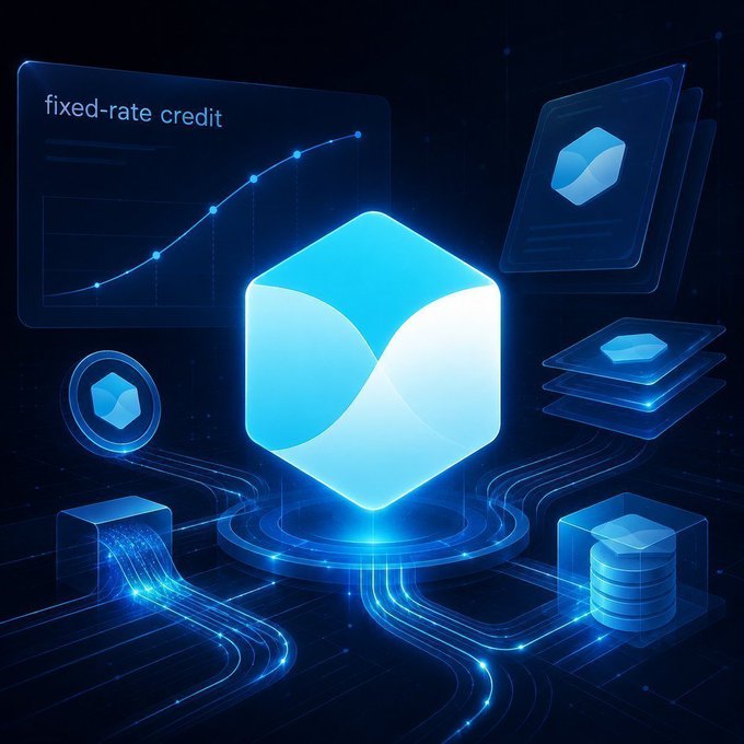 A digital graphic showing a glowing blue hexagonal logo in the center, connected by glowing circuit lines to various data panels. One panel displays a line graph labeled 'fixed-rate credit' with an upward trend.