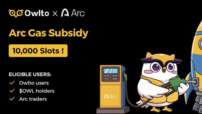 A promotional banner for 'Owlto x Arc' advertising an 'Arc Gas Subsidy' with 10,000 Slots for eligible users including Owlto users, $OWL holders, and Arc traders, featuring a cartoon owl character pumping gas.