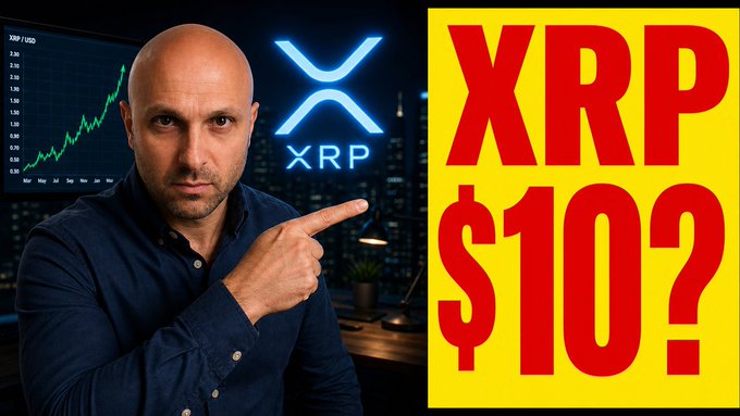 A bald man in a dark shirt points toward a glowing blue XRP logo, with a price chart of XRP/USD in the background, alongside bold red text reading "XRP $10?" on a yellow banner, visually amplifying the post's bold prediction about XRP's potential price surge tied to the Clarity Act and upcoming October 1st developments.