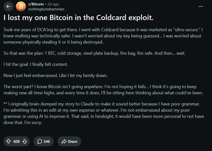 A Reddit post from r/Bitcoin titled 'I lost my one Bitcoin in the Coldcard exploit' by user 'nothingbutwhammies', describing a personal story of losing BTC from cold storage.