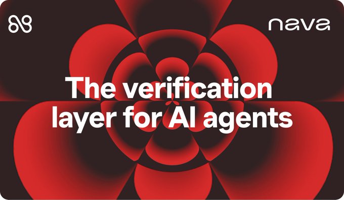 The image is a bold red and black graphic featuring the "nava" logo with the tagline "The verification layer for AI agents," visually reinforcing the post's message about addressing the critical Trust Gap in the rapidly expanding AI agent economy.