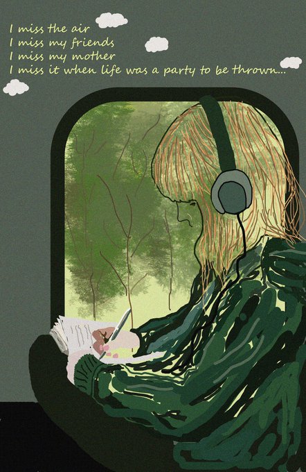 The image features a woman wearing headphones, sitting inside an airplane with her head down as she looks at something written on paper. The text "I miss the air I miss my friends" can be seen above her head, suggesting that she might be feeling lonely or homesick while traveling.