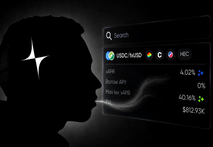 A dark, dramatic image showing the silhouette of a person's profile exhaling a stream of light that forms a digital cryptocurrency dashboard displaying USDC/fxUSD rates, vAPR (4.02%), Borrow APY (0%), Max lev vAPR (40.16%), and TVL ($812.93K).