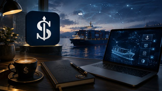 A digital composition featuring a large dollar sign icon, a laptop displaying a cargo ship hologram, a coffee cup with a dollar sign, and a notebook on a desk with a container ship visible through the window at dusk.