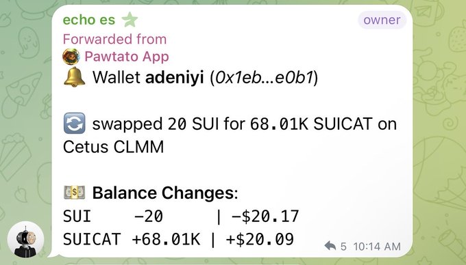 A Telegram notification from 'echo es' forwarding from Pawtato App showing a wallet transaction where 20 SUI was swapped for 68.01K SUICAT on Cetus CLMM, with balance changes of -20 SUI (-$20.17) and +68.01K SUICAT (+$20.09).