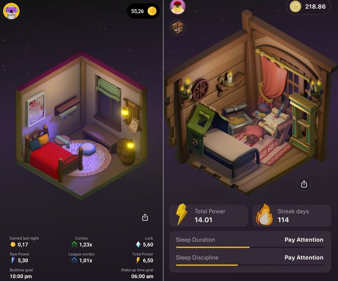Two side-by-side screenshots of a mobile sleep-tracking game showing isometric bedroom dioramas with stats like Total Power 14.01 and Streak days 114.