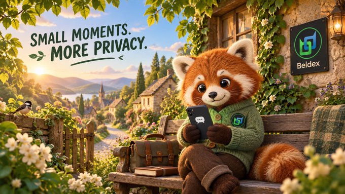 An illustrated advertisement for 'Beldex' featuring a red panda character in a green sweater using a smartphone on a bench, with the slogan 'SMALL MOMENTS. MORE PRIVACY.'