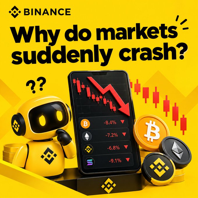 A Binance promotional graphic asks 'Why do markets suddenly crash?' featuring a yellow robot, a smartphone showing a red downward market chart, and cryptocurrency coins (Bitcoin, Ethereum, etc.) with negative percentage changes.