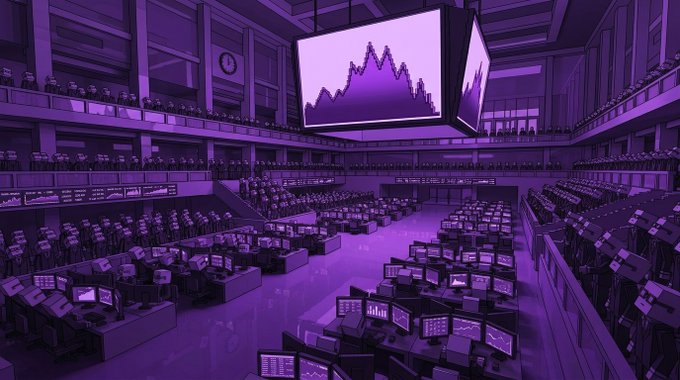 A trading floor bathed in purple light, filled with rows of desks and monitors displaying charts, with a large central screen showing a downward trending graph — visually echoing the Desk Report's announcement of 2,041,875 $INKBROKER tokens burned, a 0.61% supply reduction, and earnings of 0.2752 ETH plus 911,353 $INKBROKER for 163 brokers across 56 wallets.