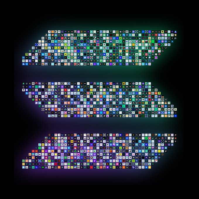 A dark background displays three curved, horizontal bands composed of hundreds of small, colorful app icons arranged in stacked rows, resembling a stylized "S" or wave pattern. The mosaic of app icons visually echoes the "Solana szn" reference in the post, with the curved arrangement evoking the Solana logo's signature swooshing lines amid the "heating up" crypto season hype.