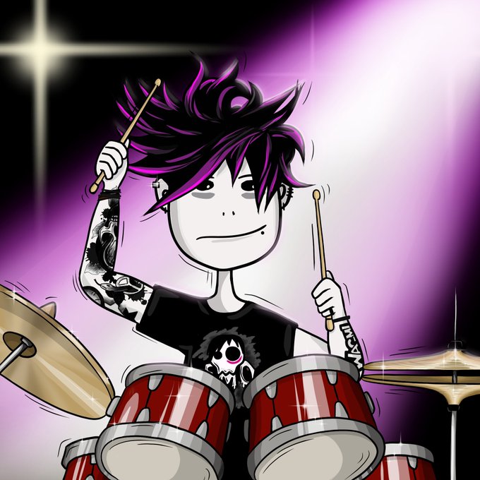 A stylized cartoon illustration shows a drummer with spiky purple hair, tattoos, and a black skull shirt intensely playing red drums under a spotlight.