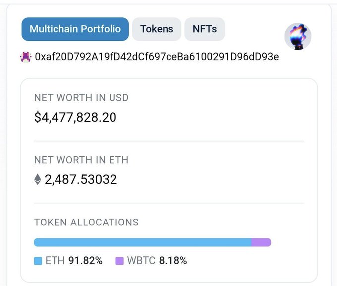 A Multichain Portfolio dashboard showing a wallet address (0xaf20D792A19fD42dCf697ceBa6100291D96dD93e) with a net worth of $4,477,828.20 USD (2,487.53032 ETH), allocated as 91.82% ETH and 8.18% WBTC.