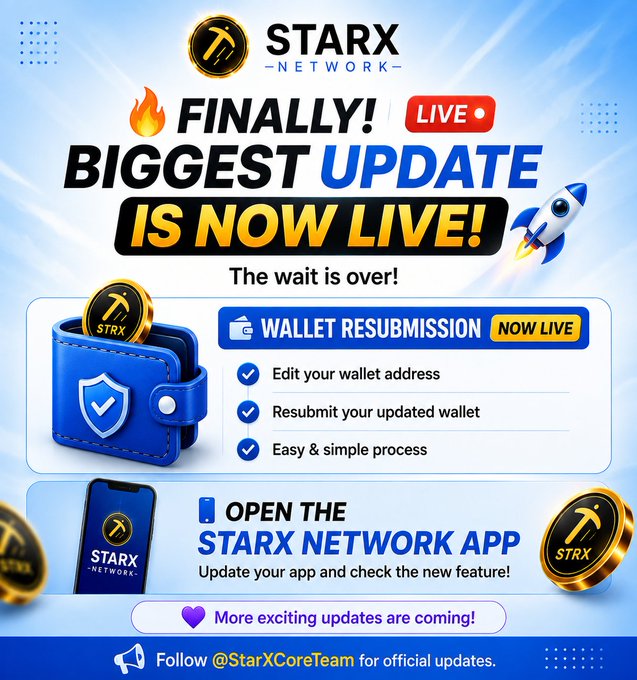 The image is a promotional graphic from STARX Network announcing that their wallet resubmission feature is now live, allowing users to edit and resubmit their wallet addresses through the STARX Network app, accompanied by a "Follow @StarXCoreTeam for official updates" footer.
