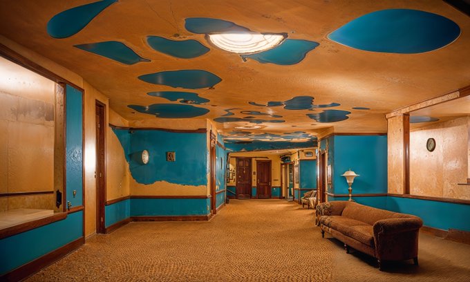 The image depicts "Blue Desert," an immersive installation featuring a room with striking blue painted patches on the ceiling and walls, contrasting against warm tan tones, complete with a vintage brown sofa and a classic floor lamp. This artwork, part of The Obsolete Matters exhibition on ObjktCom, transforms an ordinary space into a surreal, dreamlike environment that evokes feelings of decay and renewal through its bold use of color and familiar furnishings.