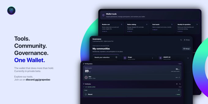 A website landing page promotes 'Tools. Community. Governance. One Wallet.' for Grape DAO, showing screenshots of their wallet interface and Discord invite link.
