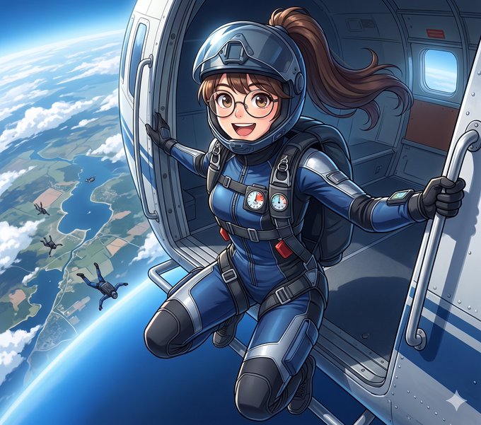 In this image, there's an illustration of a girl wearing a blue jumpsuit with goggles and a helmet while sitting inside a plane. She has her arms outstretched as if she's about to jump off the aircraft. The background shows a view of the sky filled with clouds, which adds to the overall atmosphere of the scene.

The image also includes text that reads "Happy Tuesday, X Frens No risk-taking > No reward No discipline > No talent No failure > No growth No belief ... and of course, I am putting my faith in all of you: @NomismaNetwork @useTria @quipnetwork @TheARCTERMINAL @RiverdotInc". This text is placed at the bottom right corner of the image.