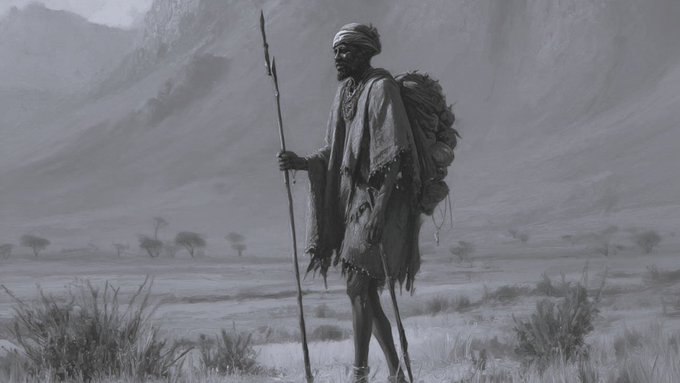 A weathered shepherd stands alone in a vast, misty landscape, leaning on his staff and carrying a heavy sack, embodying the solitary vigilance of a life tending to livestock. His distant, wary gaze across the desolate terrain evokes the proverb's reflection on hidden predators disguised as protectors.