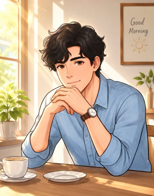 An anime-style illustration of a young man with dark curly hair wearing a blue shirt, sitting at a table with a coffee cup, with a 'Good Morning' framed sign featuring a sun drawing in the background.