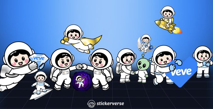 A promotional graphic featuring multiple cartoon astronauts in various poses alongside the "veve" logo on a blue background, with "stickerverse" branding at the bottom.