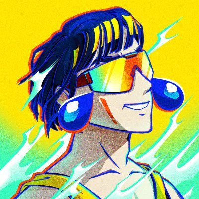 A vibrant digital illustration of a smiling character with blue dreadlocked hair wearing rainbow-colored visor glasses against a bright yellow background with green lightning effects.