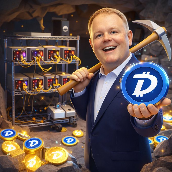 A smiling man in a suit holds a pickaxe and a glowing DigiByte (DGB) coin in front of crypto mining rigs, with gold DGB tokens scattered on the ground.