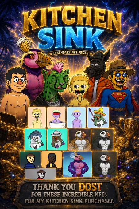 The image features a poster for a game called "Kitchen Sink" with various cartoon characters, including a pirate, superhero, and other characters. The poster also includes text that reads "Thank you you Dost for these incredible NFTs for my kitchen sink purchase!".