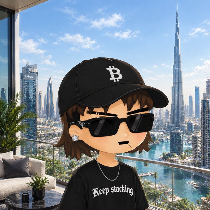 A cartoon-style illustration of a character wearing a black cap with a 'B' logo and a 'Keep stacking' t-shirt, set against a backdrop of the Dubai skyline including the Burj Khalifa and EMAAR buildings.